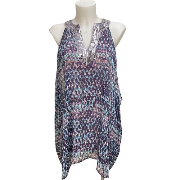 FREE PEOPLE SILVER SEQUIN MULTICOLOR SLEEVELESS‎ HALTER CHIFFON TUNIC SZ small - Picture 1 of 10